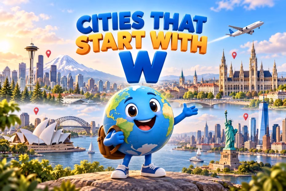3D animated globe exploring city skylines beneath the words Cities That Start With W
