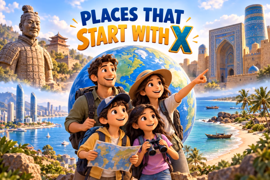 Illustrated world cities beginning with X: Xi’an, Xiamen, Xai-Xai, and Khiva