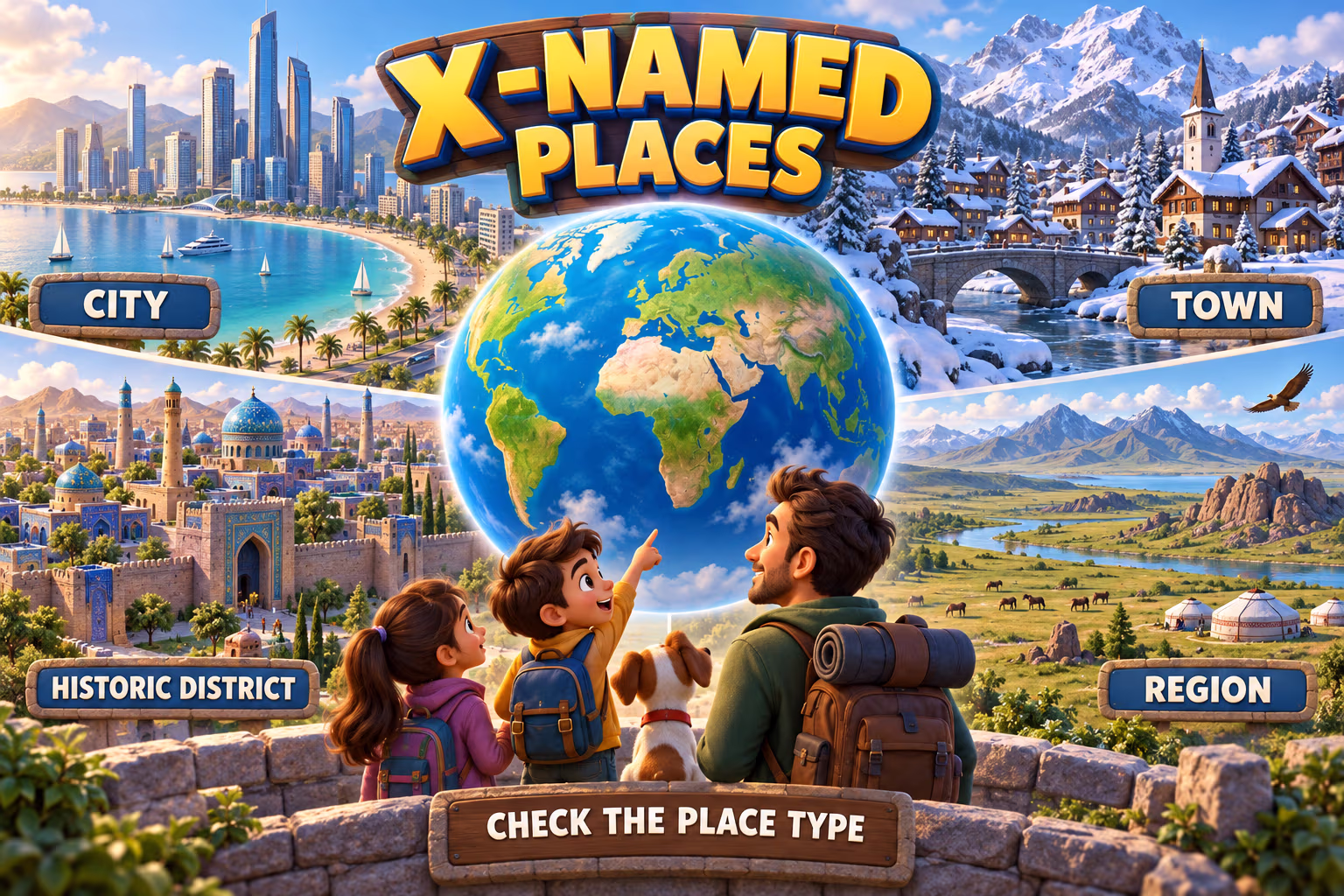 3D infographic showing a globe linked to a city, town, region, and historic district, with the reminder to check place type