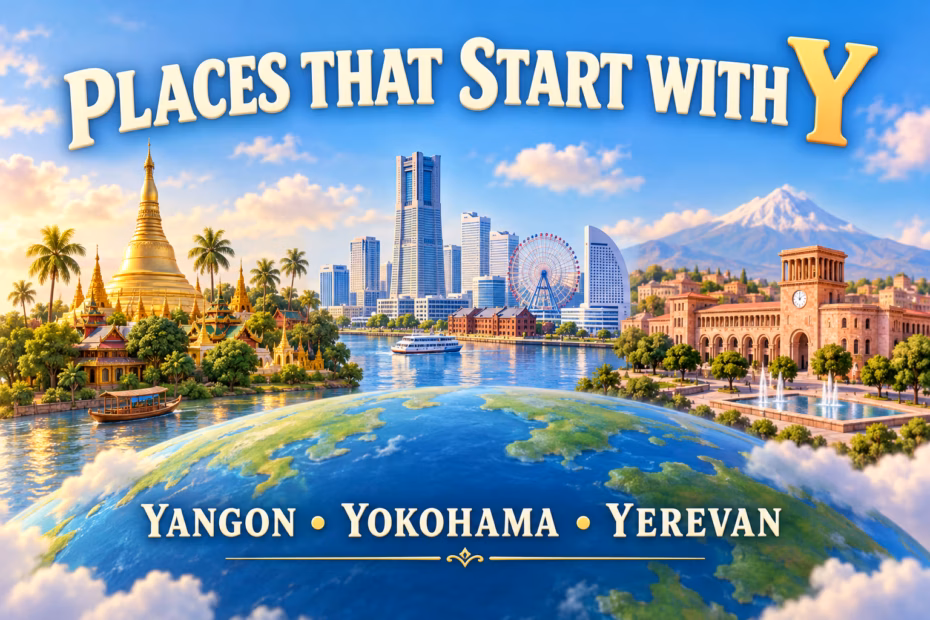 3D illustrated globe and skyline collage labeled Yangon, Yokohama, and Yerevan for places starting with Y