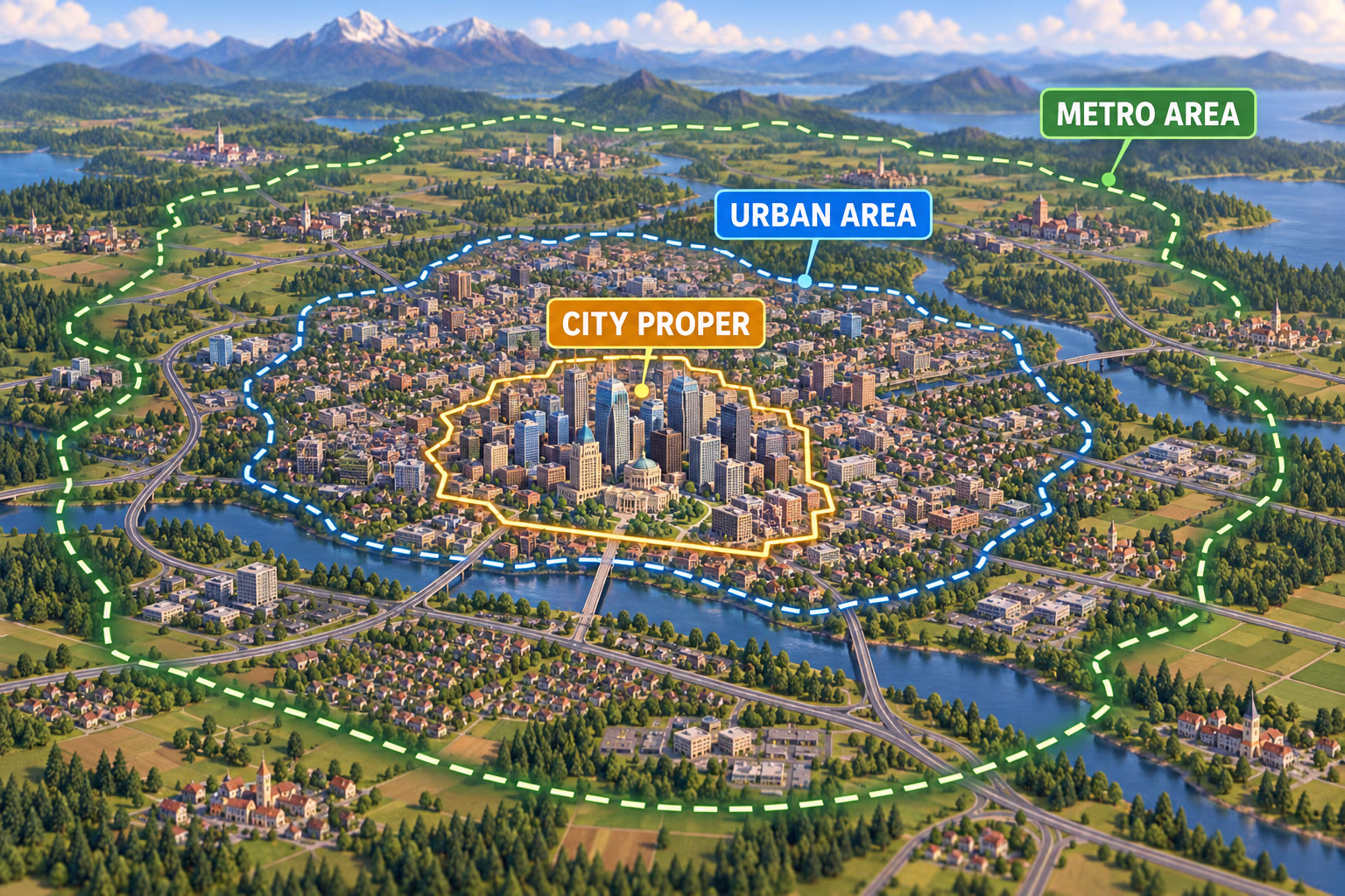 Illustration comparing city proper, urban area, and metro area boundaries