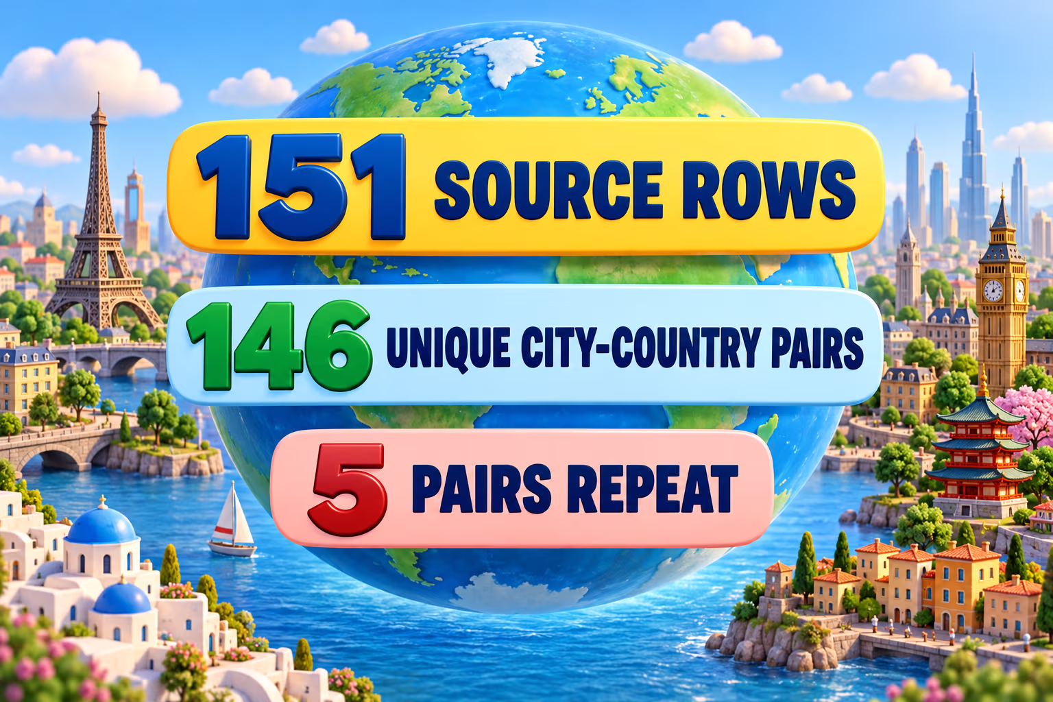Infographic showing 151 source rows, 146 unique city-country pairs, and five repeated pairs