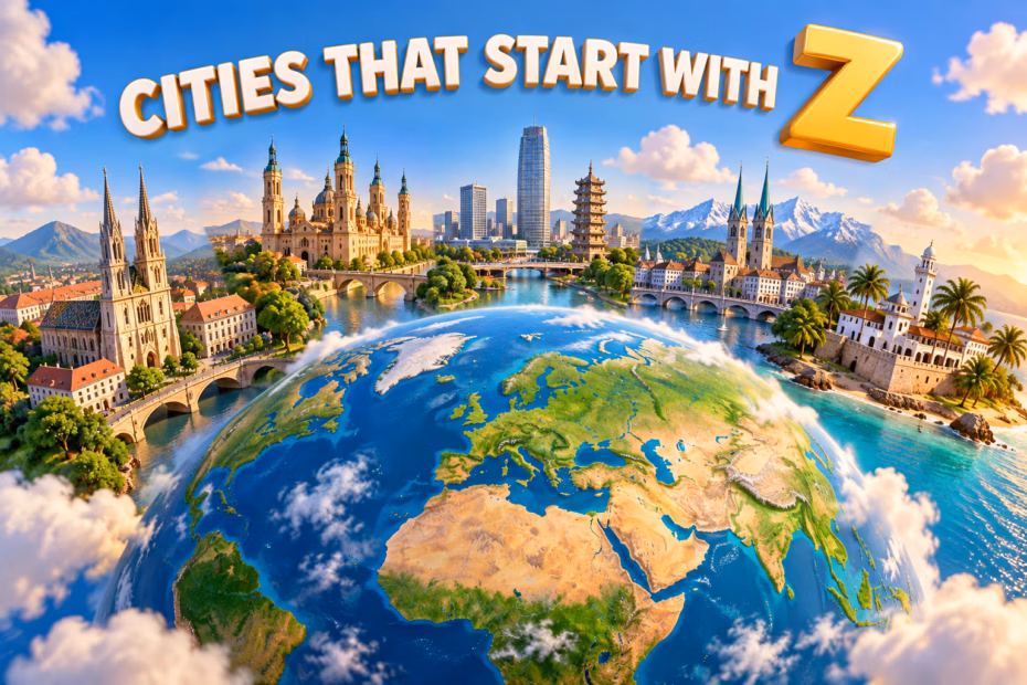 Illustrated globe and city skylines under the words Cities That Start With Z