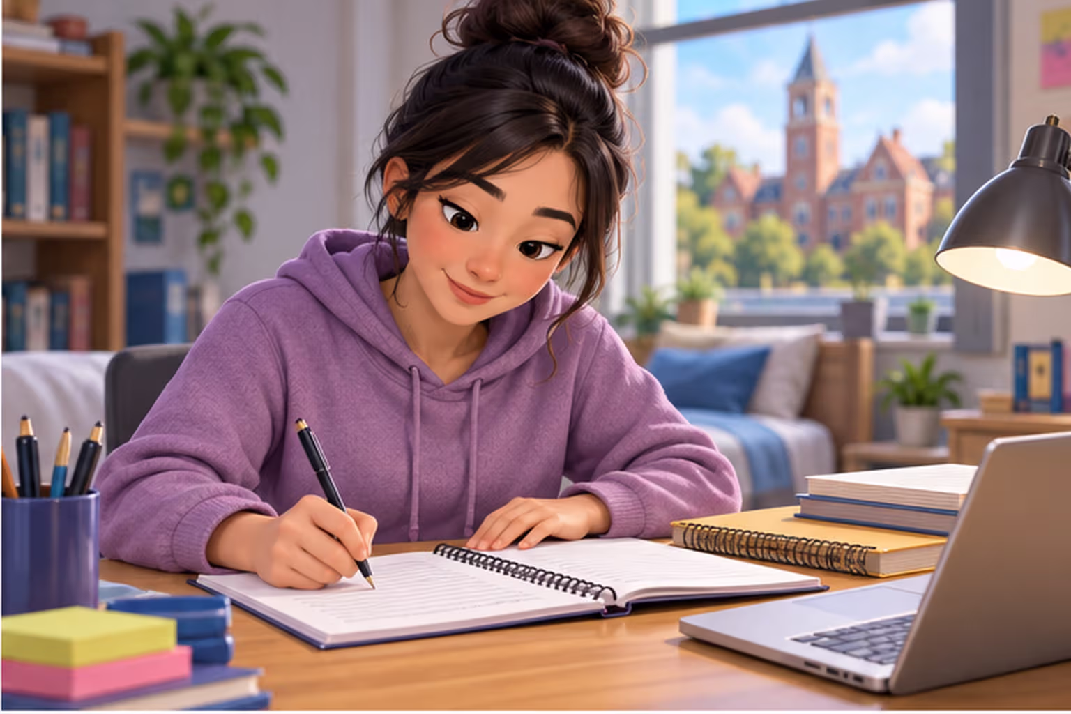 A student organizes a paragraph while reviewing notes about a current issue.