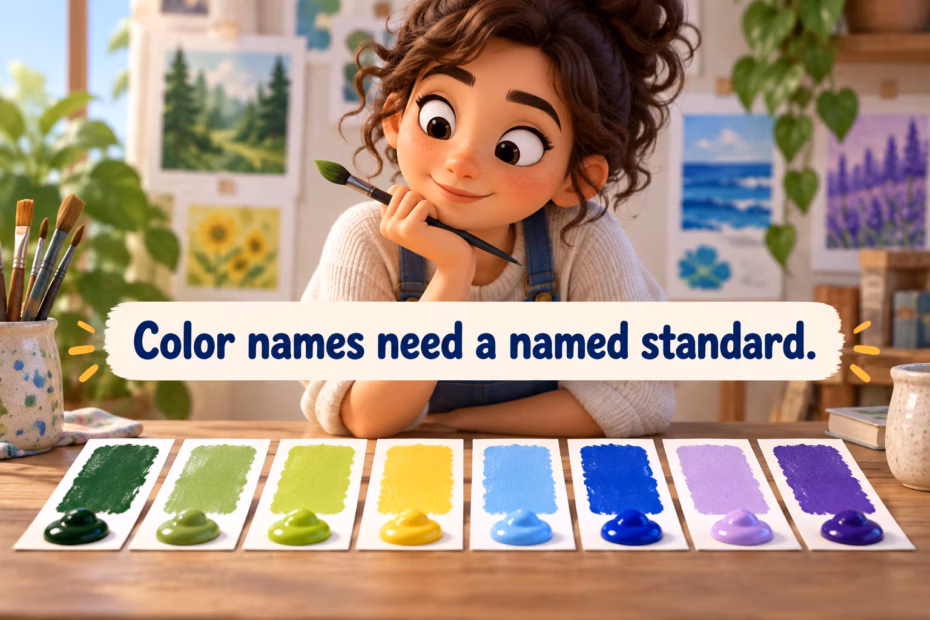 An artist compares a row of green, yellow, blue, and purple swatches. Text: “Color names need a named standard.”