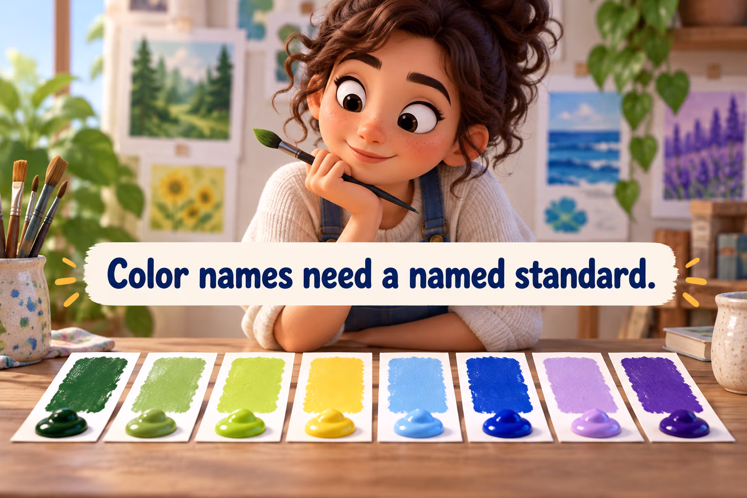 An artist compares a row of green, yellow, blue, and purple swatches. Text: “Color names need a named standard.”