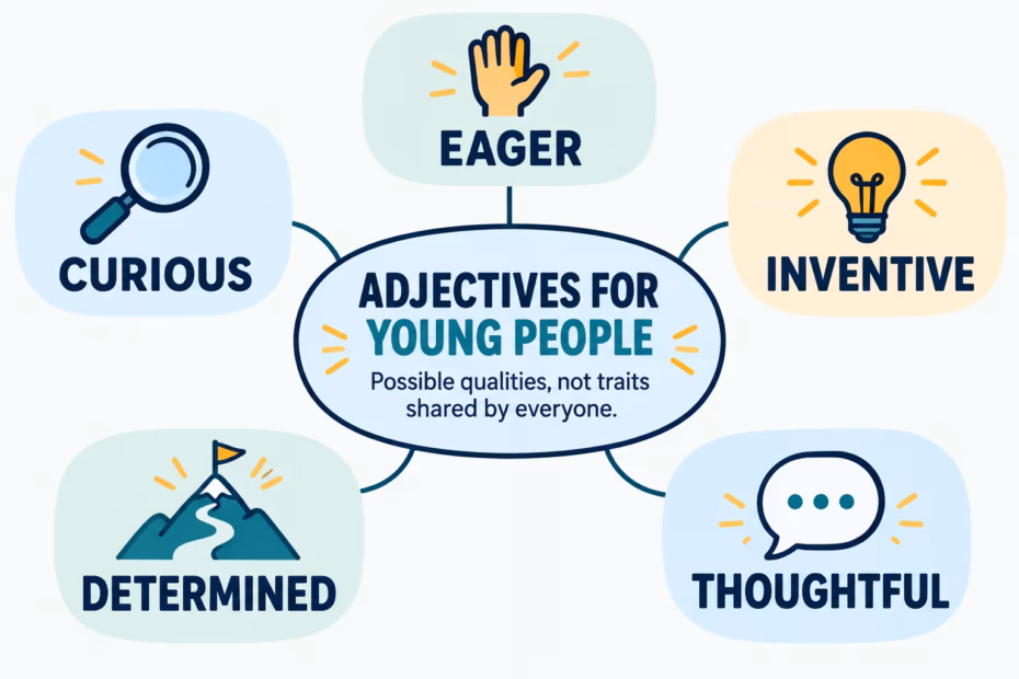 A word map groups curious, eager, inventive, determined, and thoughtful as possible qualities, with a note that they do not describe every young person.