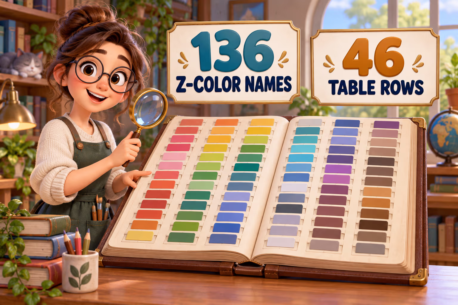 Cartoon directory guide showing 136 Z-color names across 46 table rows.