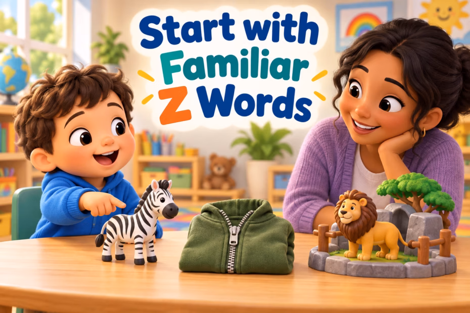 Children explore familiar Z words, including a zebra, zipper, and zoo.