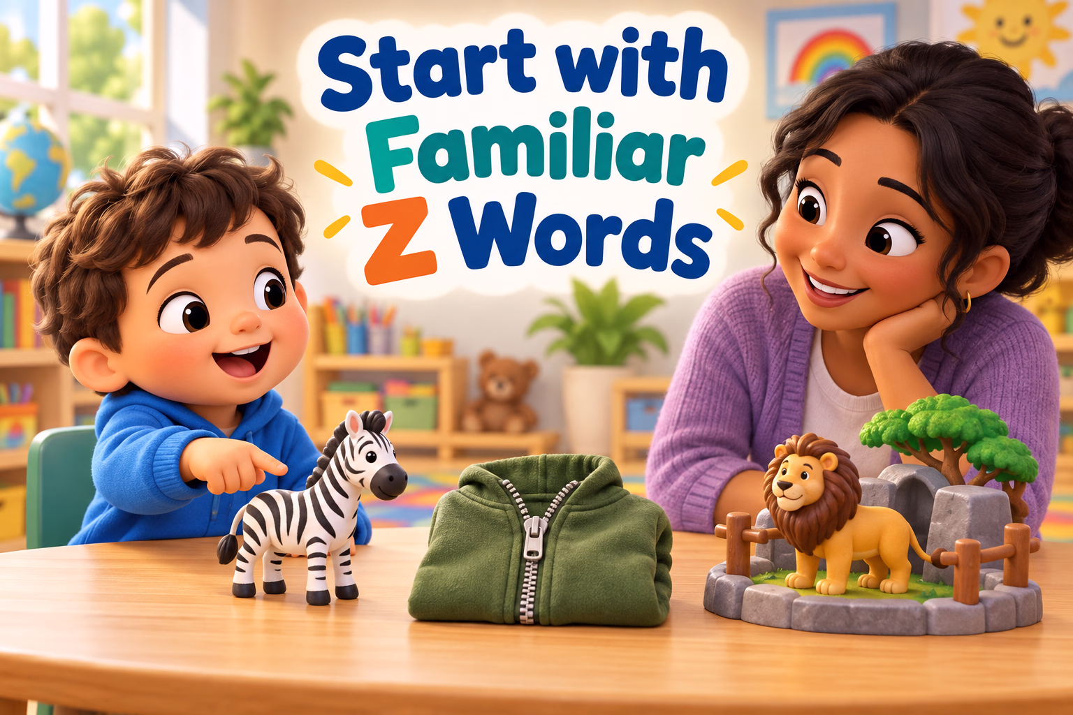 Children explore familiar Z words, including a zebra, zipper, and zoo.