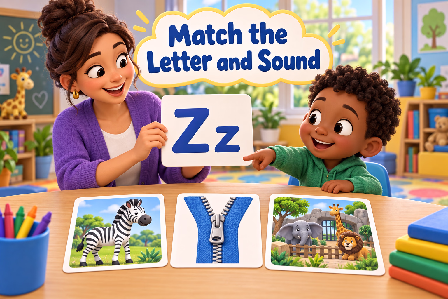 An adult and child match uppercase and lowercase Z cards with pictures of a zebra, zipper, and zoo.