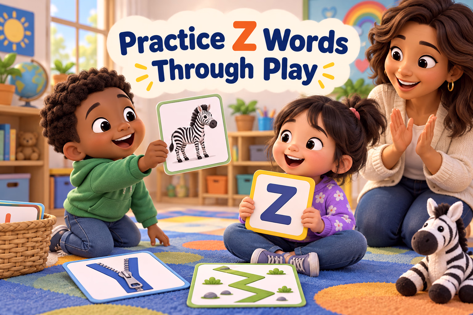 Children practice Z with a zebra card, a zipper card, and a zigzag drawing during a playful lesson.