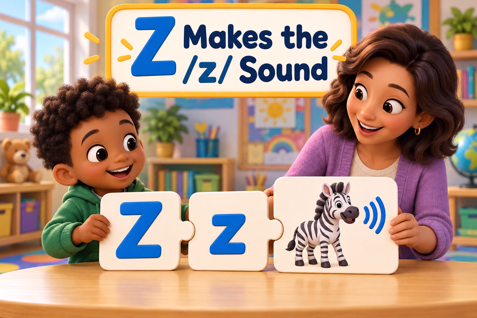 An adult and child match the uppercase and lowercase letter Z with a zebra picture and the /z/ sound.