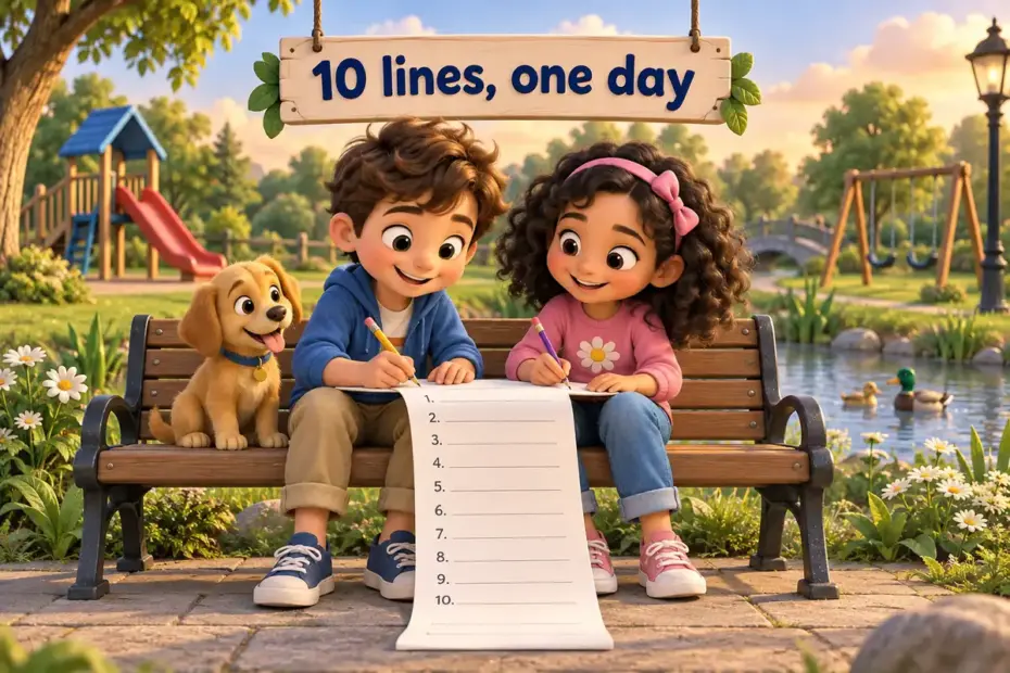 Cartoon children write 10 lines about a day at the park on a long strip of paper beside a slide and a pond.