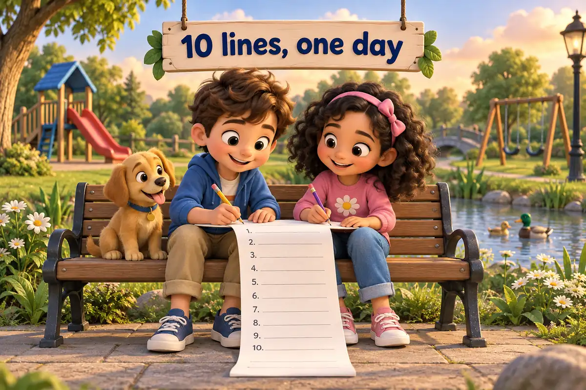 Cartoon children write 10 lines about a day at the park on a long strip of paper beside a slide and a pond.