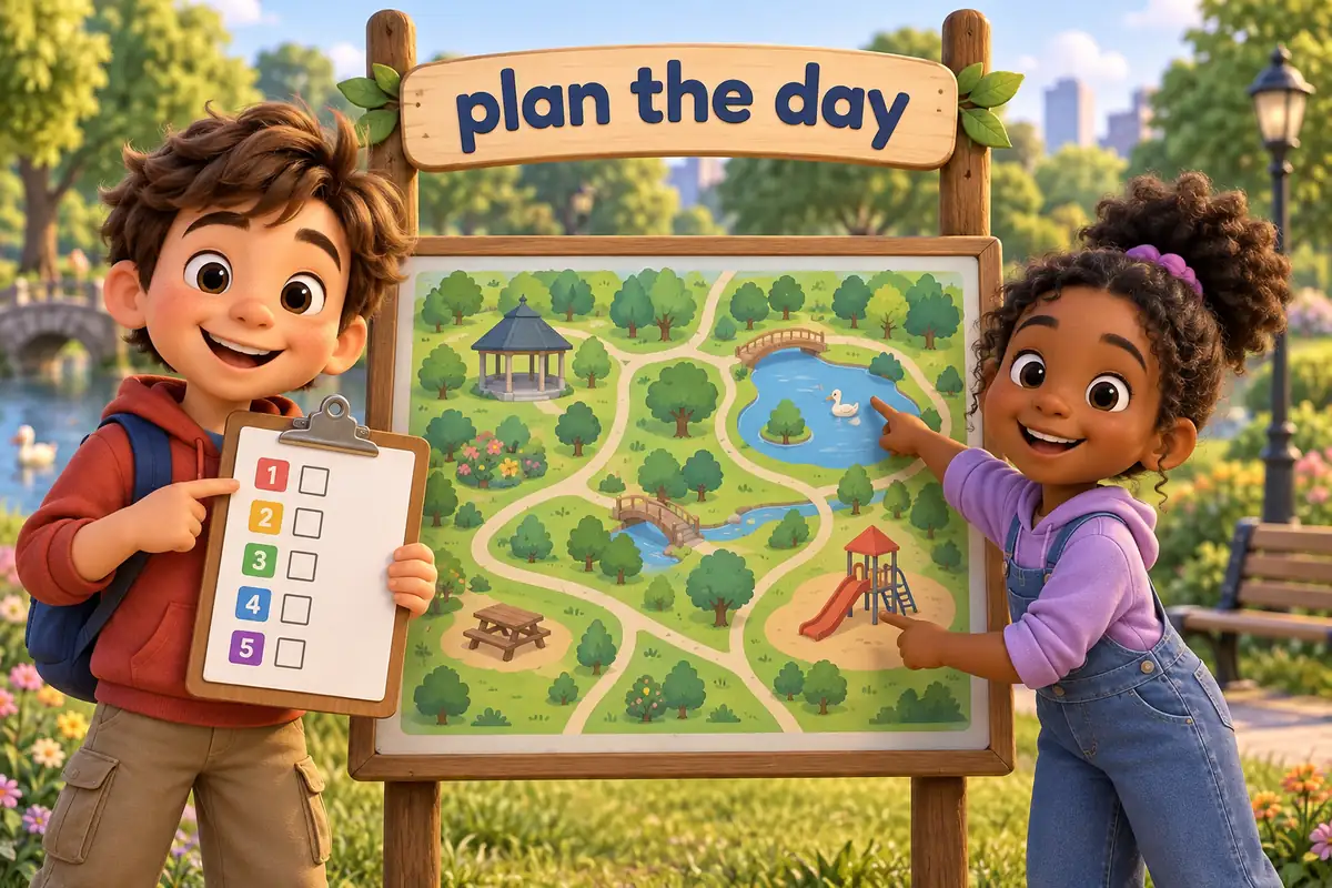 Cartoon children write on a clipboard beside a park map, planning the order of the day from arrival to home.