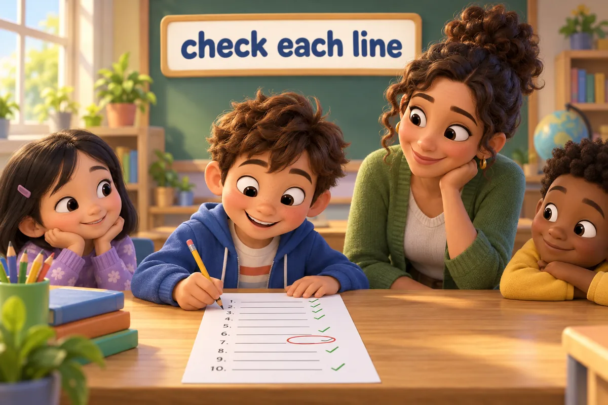 Cartoon child edits a page of ten numbered lines, ticking the ones that are in time order and circling a repeated opener.