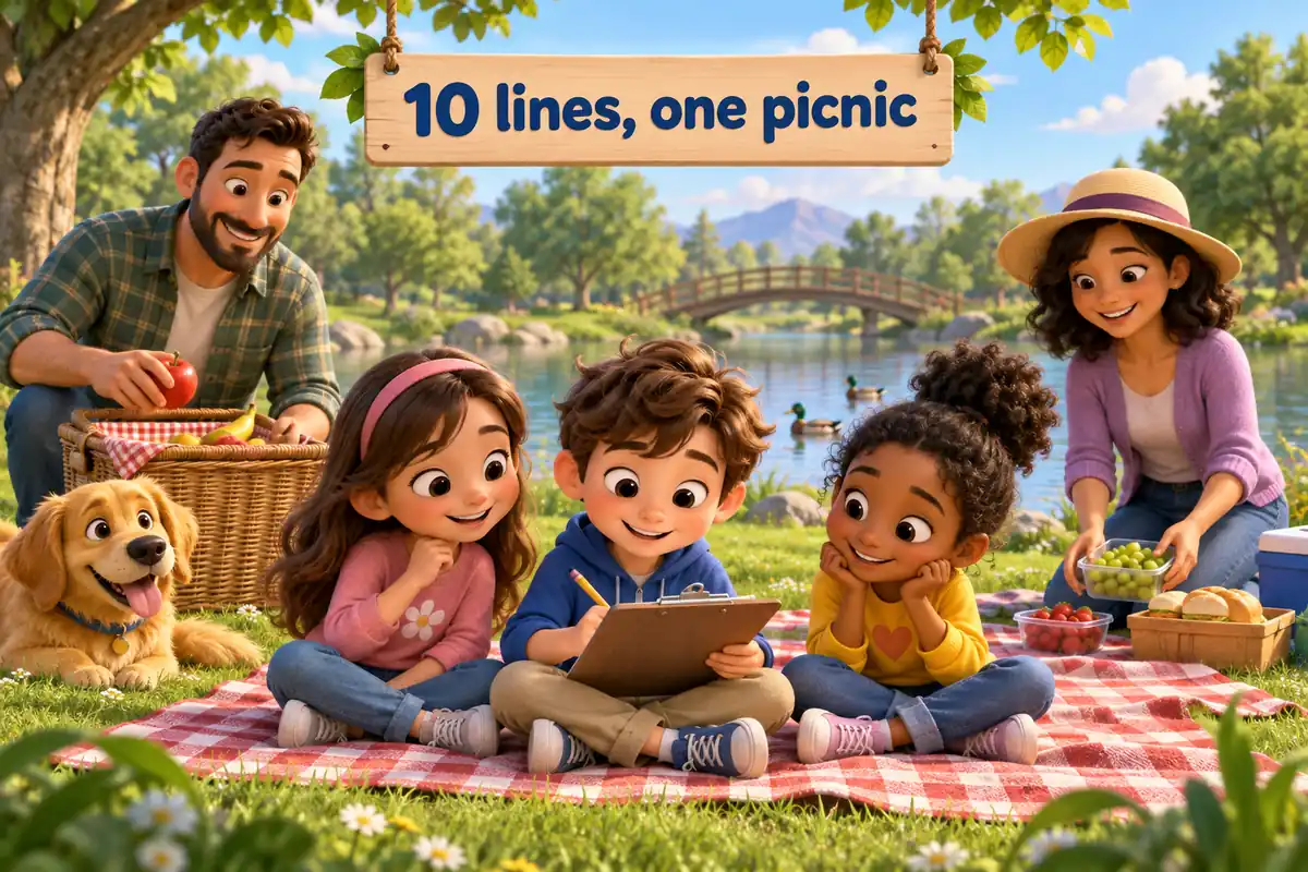 Cartoon family sits on a checked cloth; children write 10 lines about a picnic with family on a clipboard by the lake.