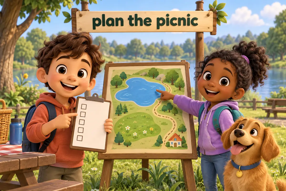 Cartoon children plan a family picnic on a clipboard beside a map, marking the lake, the grass and the walk home.