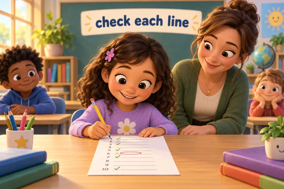 Cartoon child edits a page of ten numbered lines about a picnic, ticking the lines in time order and circling a repeated opener.