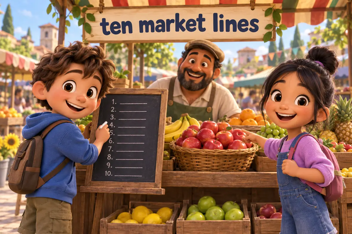 Cartoon children write 10 lines about a visit to a market on a stall board at a busy fruit market.