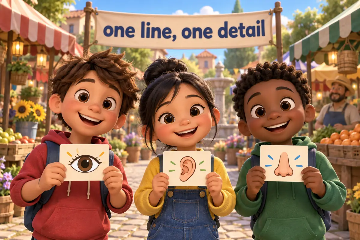 Cartoon children in a market lane each hold up a card naming one detail like sight, sound or smell.