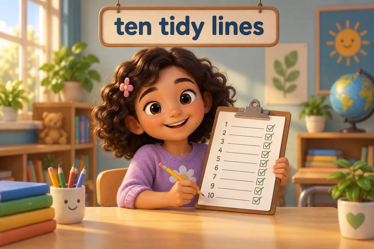 A cartoon child ticks a neat numbered list of ten market lines on a clipboard.