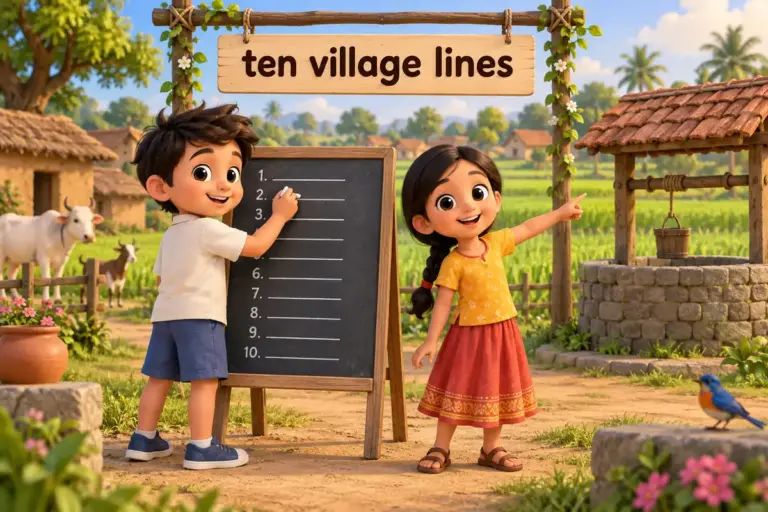 Cartoon children write 10 lines about a visit to a village on a chalkboard beside green fields.