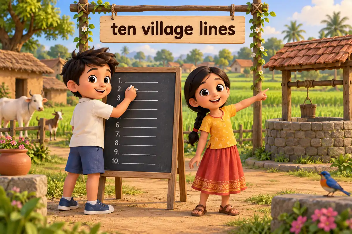 Cartoon children write 10 lines about a visit to a village on a chalkboard beside green fields.
