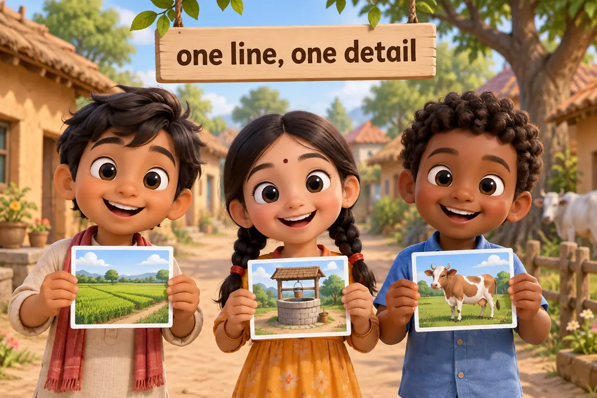 Cartoon children in a village lane each hold up a card naming one detail like a field or a well.