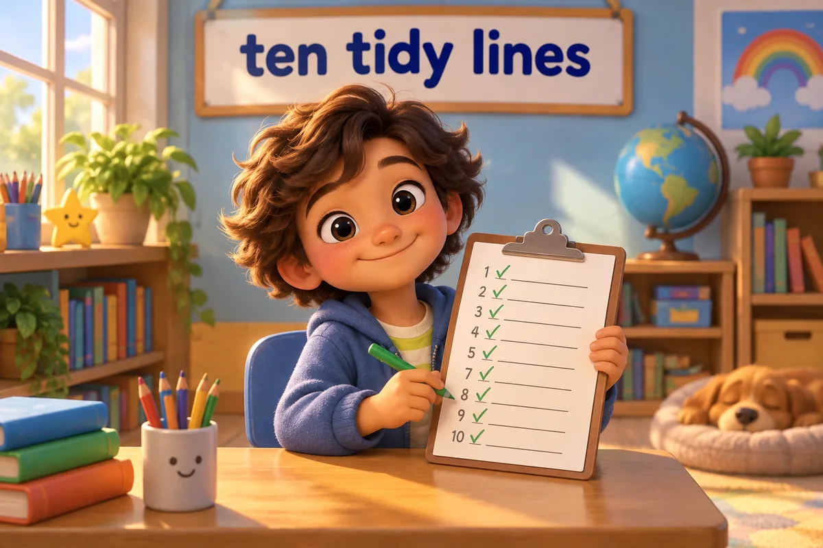 A cartoon child ticks a neat numbered list of village lines on a clipboard.
