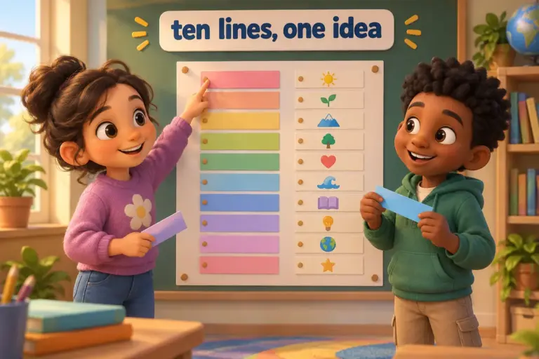 Cartoon children arrange ten numbered strips into a 10 lines essay about 30 topics wall chart.