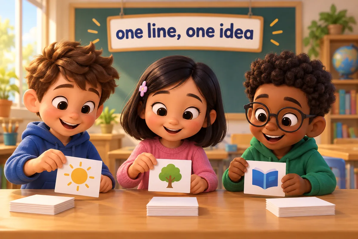 Cartoon children sort small cards, each carrying one reason or example for an essay.