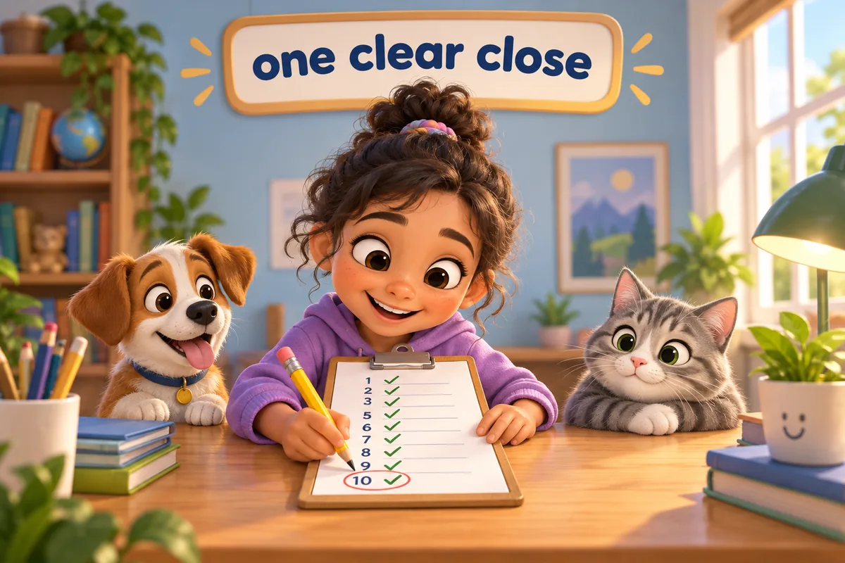 A cartoon child ticks ten numbered lines and circles the last line on a clipboard.