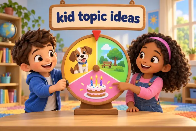 Cartoon children choose 10 lines essay topics for kids from a bright spinning topic wheel.