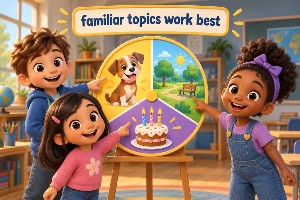 Cartoon children pick familiar kid topics from a bright topic wheel showing a pet, a park and a cake.