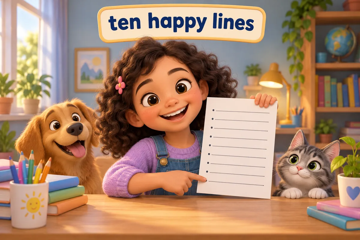 A cartoon child finishes a ten-line kid essay and smiles at the last line.