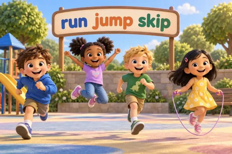 Cartoon kids act out 100 action verbs for kids, jumping, running and skipping in a bright playground.