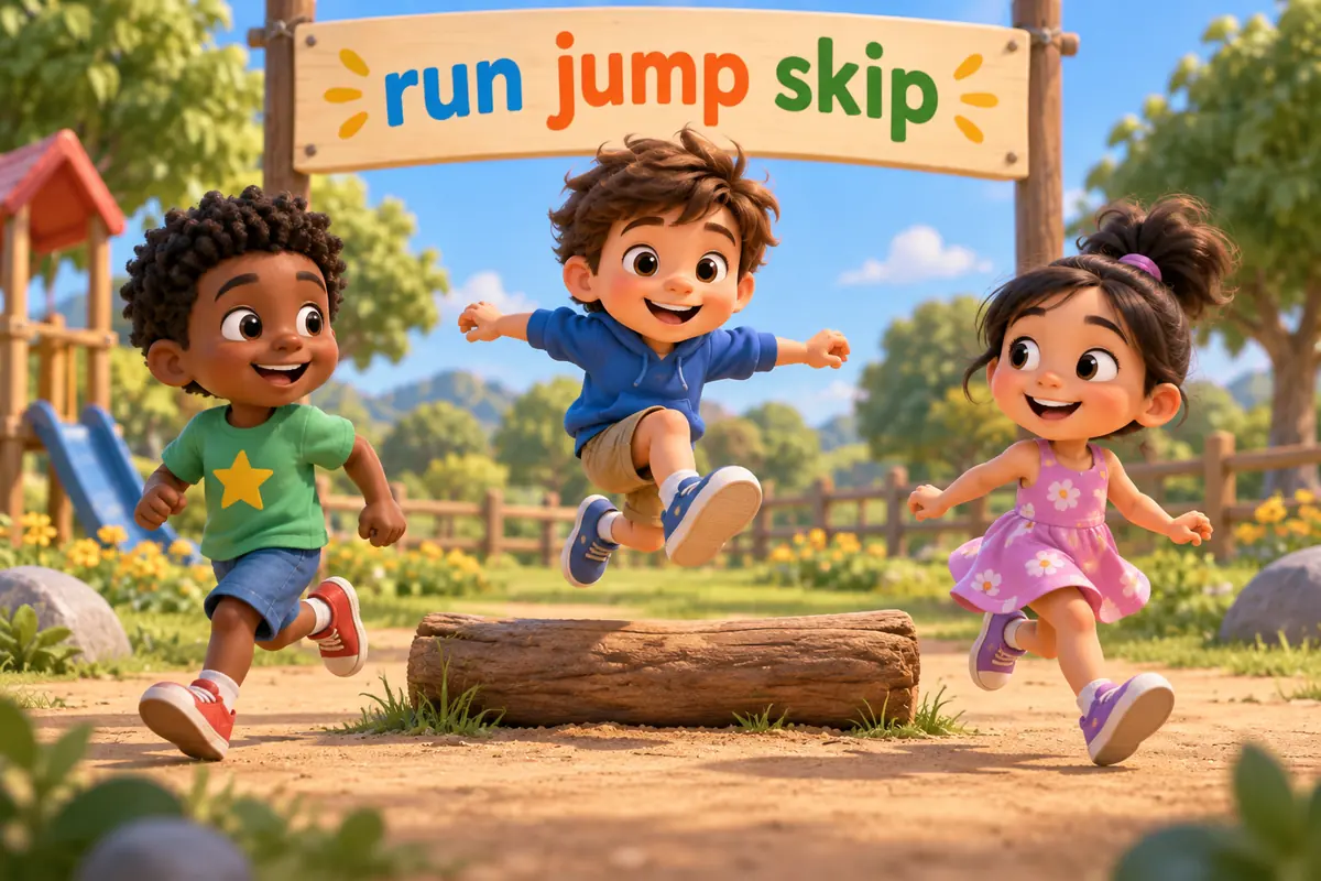 A cartoon child mid-jump over a low log while other children run and skip around the yard.