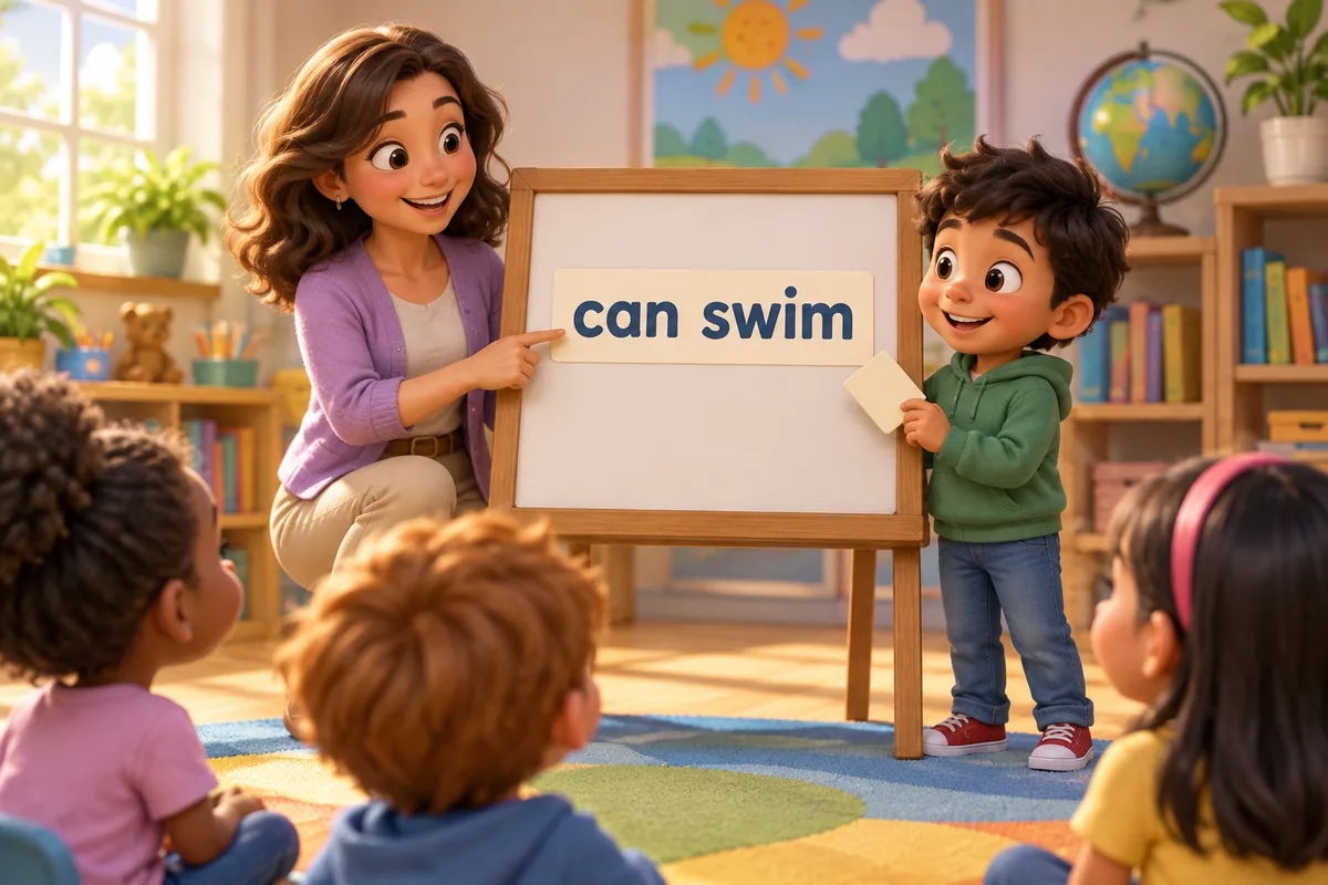 A cartoon teacher helps a child fix the clause he can swims into he can swim on a board.