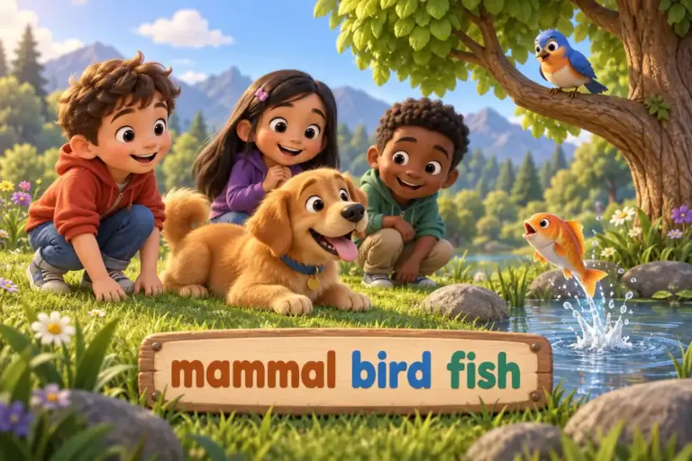 Cartoon children meet 100 animal names with images, pointing to a mammal, a bird and a fish in one bright scene.
