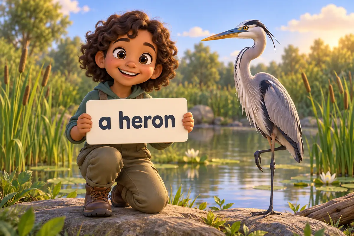 A cartoon child reads a small card labelled a heron beside a model bird standing at the water edge.