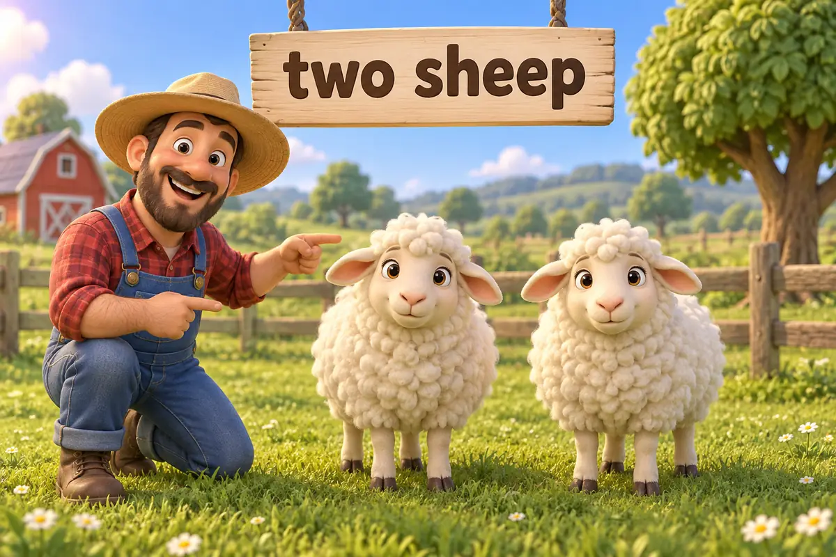 A cartoon farmer points to two identical sheep in a field to show that sheep has no separate plural.