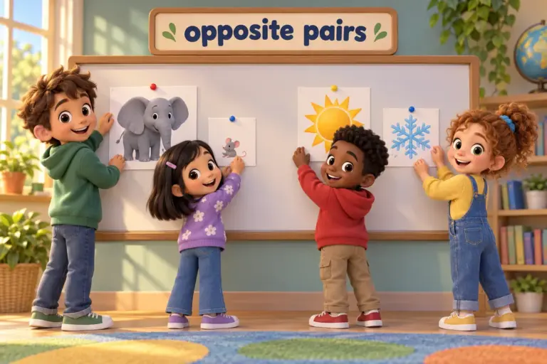 Cartoon pupils sort 100 antonyms for adjectives into opposite pairs such as big and small on a classroom board.