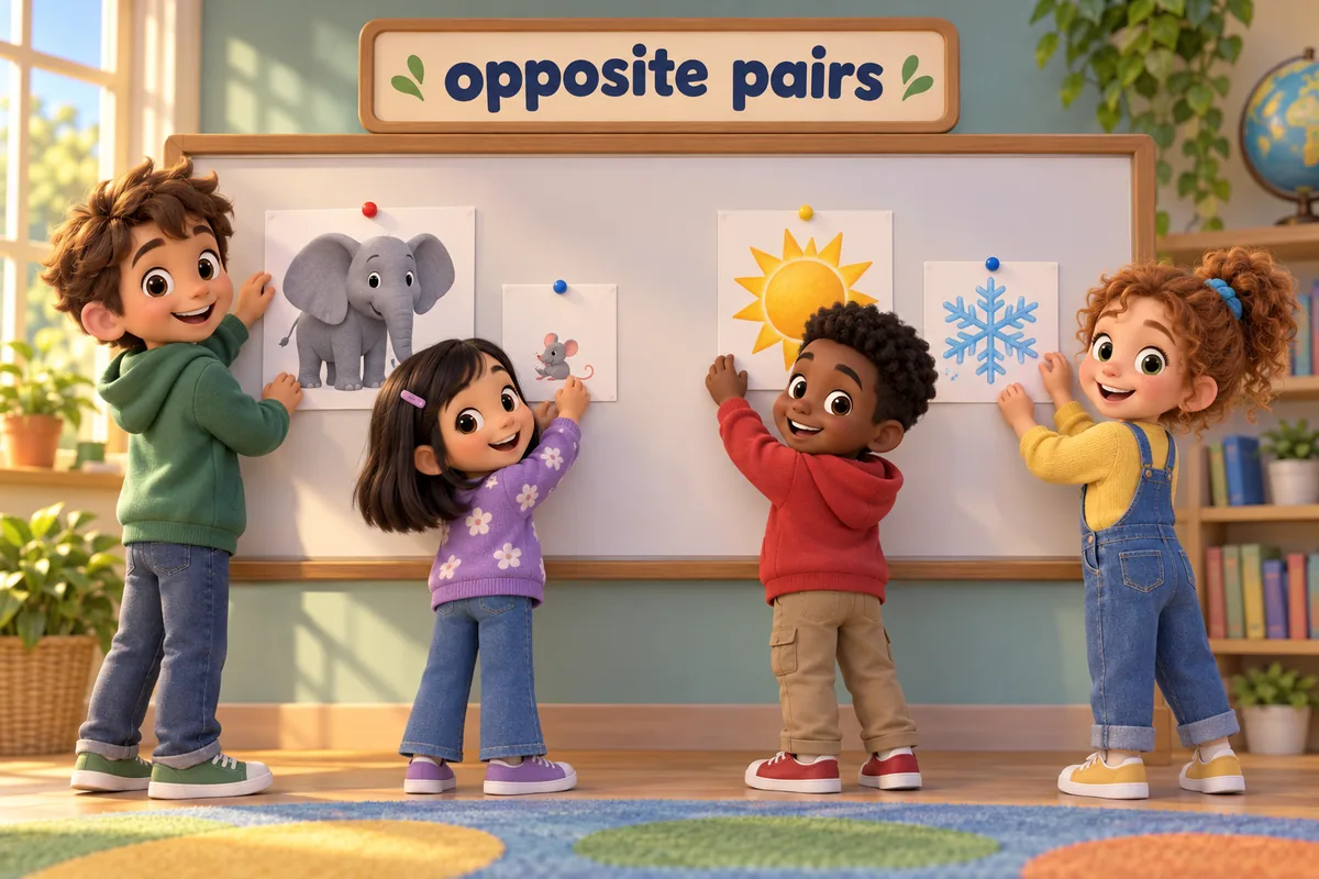 Cartoon pupils sort 100 antonyms for adjectives into opposite pairs such as big and small on a classroom board.