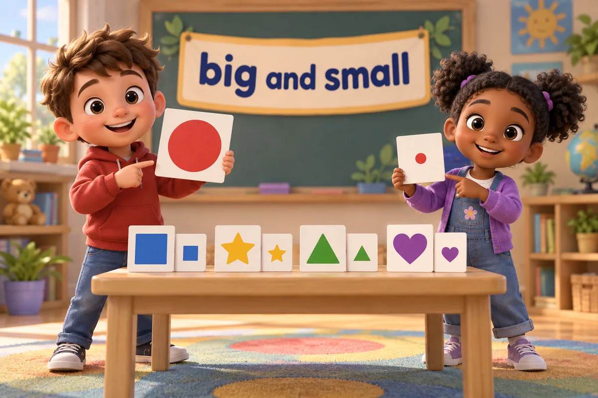 Cartoon children line up opposite word cards, placing big beside small and hot beside cold.
