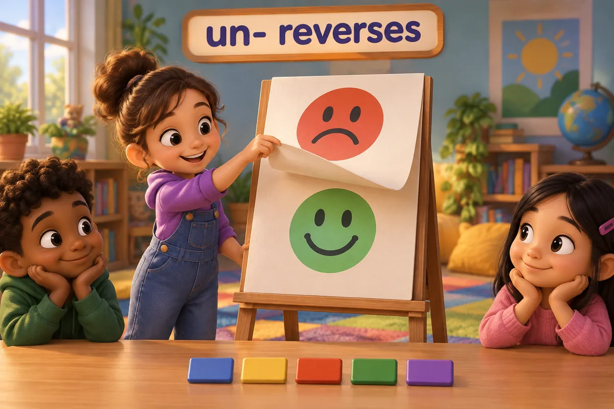 A cartoon pupil flips a card from unkind to kind, showing how a prefix reverses an adjective.