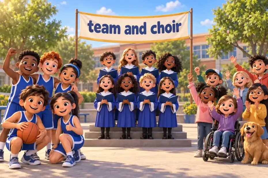 Cartoon children gather as 100 collective nouns for people, showing a team, a choir and a crowd.