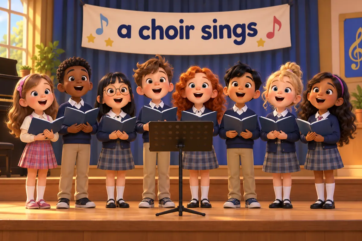 A cartoon choir of children sings together on a low stage as one group with open mouths.