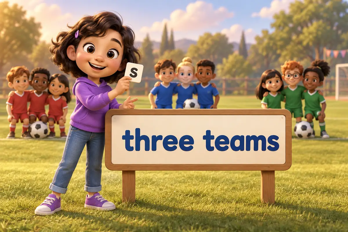 A cartoon child swaps a sign reading three team for three teams by adding the plural ending.